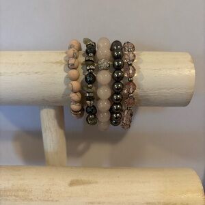 NWT beaded gemstone pink and gray stretch bracelet set of five